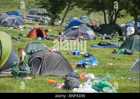Glastonbury Festival. Camping area at the end of the festival after a lot of people have left but some remain. Stock Photo