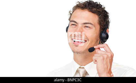 Joyful businessman using headset Stock Photo
