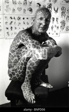 Tom Leppard, known as the Leopard Man of Skye. He spent £5,500 covering his body in leopard-like spots. Stock Photo