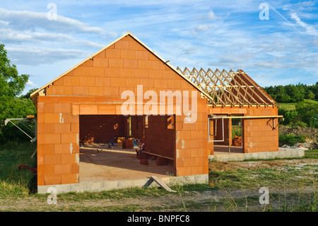 New house construction site using Bouyer Leroux bio-bricks  - Indre-et-Loire, France. Stock Photo