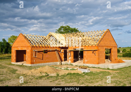 New house construction site using Bouyer Leroux bio-bricks  - Indre-et-Loire, France. Stock Photo