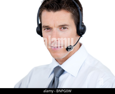 Smiling businessman talking headset on Stock Photo