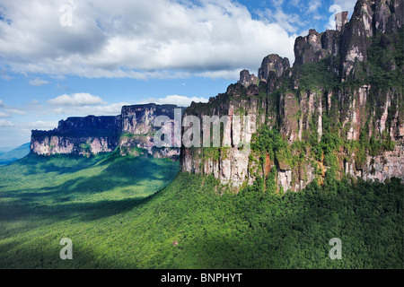 Tepuis are flat topped sand stone mountains with vertical flanks rising in elevation from 3000 meters over the forest Venezuela Stock Photo