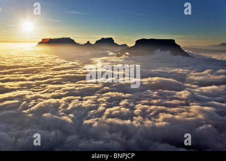 Aerial view of clouds swirling around the summit of the sandstone mountains or  tepui  Venezuela Stock Photo