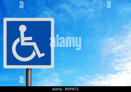 Photo realistic metallic reflective 'disabled' sign, with space for your text / editorial overlay (blue version) Stock Photo