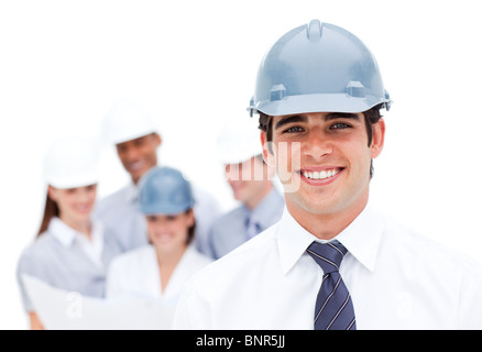 Focus on a male architect wearing a hardhat Stock Photo