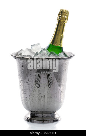 Cold bottle of champagne in ice-bucket filled with ice (isolated on white background) Stock Photo