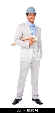 Architect wearing a hardhat and holding blueprints Stock Photo