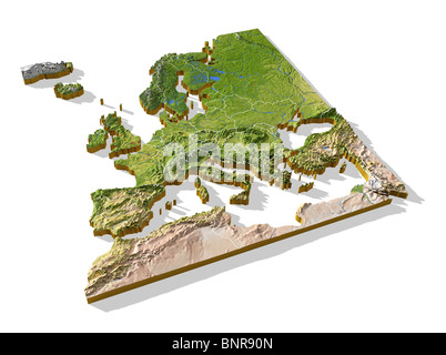 Europe, 3D relief map cut-out with borders. Stock Photo
