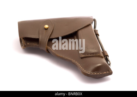 Brown leather PM gun holster isolated on white. Stock Photo