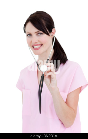 Portrait of a nice nurse holding a report Stock Photo