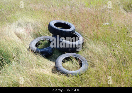 Old car tires on a green mead in Poland, Mazovia region Stock Photo