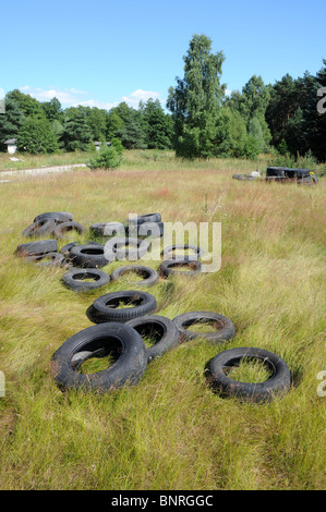 Old car tires on a green mead in Poland, Mazovia region Stock Photo