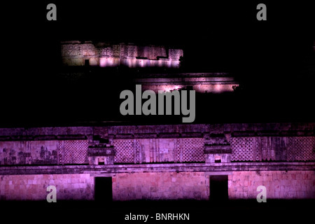 Mayan ruins of Uxmal are illuminated during a theatric laser light show in the Yucatan peninsula, Mexico, July 15, 2010. Stock Photo