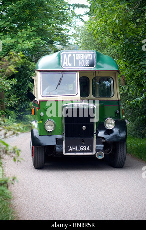 Leyland bus on the way to Greenway house,vintage, Leyland, Tiger, Bus, classic, restored, veteran,Devon lanes,Agatha Christie,AC Stock Photo