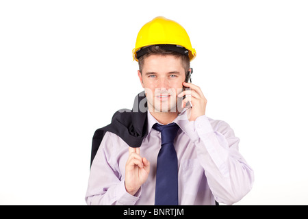 Construction worker talking on the phone Stock Photo