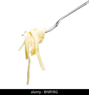 Pasta ribbons tossed in olive oil, salt and pepper on fork isolated against white. Stock Photo