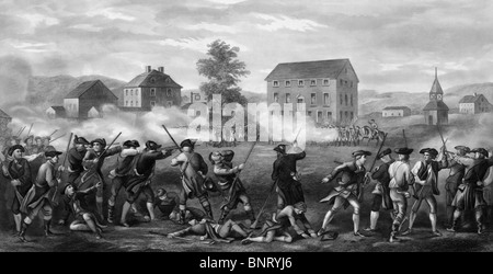 Vintage print depicting the Battle of Lexington on April 19 1775 - the first military engagement of the American Revolution. Stock Photo