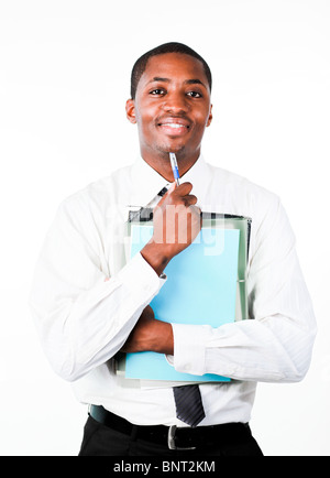 Smiling mixed-race businessman holding folders Stock Photo