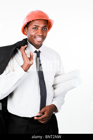 Ethnic architect holding blueprints Stock Photo