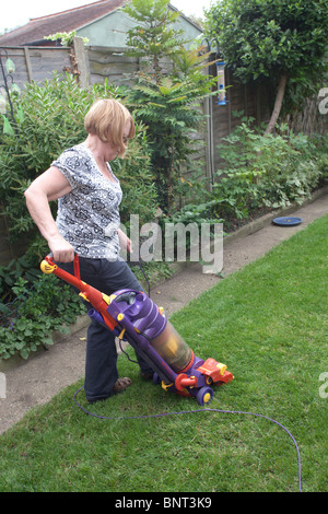 Vacuuming the grass lawn with a Dyson vacuum cleaner Stock Photo