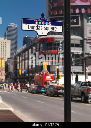 Dundas Square street sign at Yonge and Dundas streets. Downtown Toronto, Ontario, Canada 2010. Stock Photo