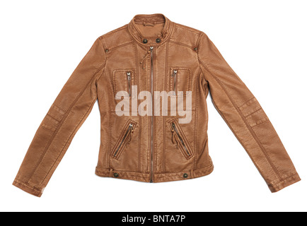 Short brown leather womens jacket isolated on white background Stock Photo