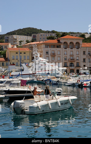 Leisure boating a day boat in the harbour at Port Vendres southern France close to the Spanish border Stock Photo