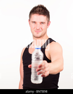 Happy Sportsman holding water bottle Stock Photo