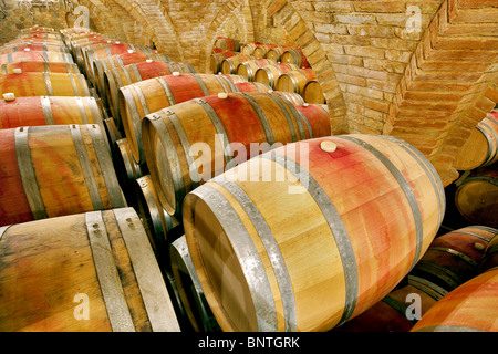 Wine aging in barrels in cellar. Castello di Amerorosa. Napa Valley, California. Property released Stock Photo