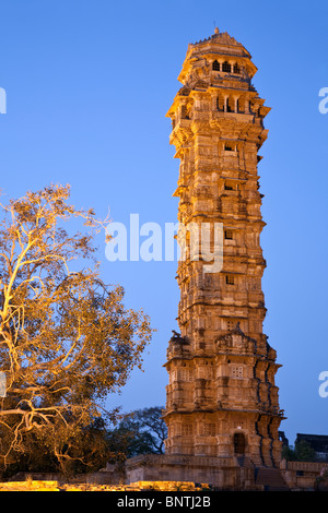 Jaya Stambha (Tower of Victory) at dusk. Chittorgarh Fort. Rajasthan. India Stock Photo