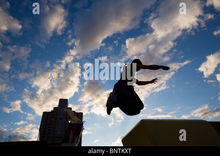 A man practises the urban sport of parkour (free running) in Adelaide, South Australia, AUSTRALIA. Stock Photo