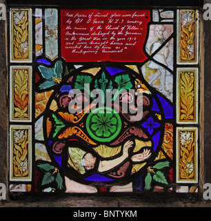 Stained glass from16th century,  St Denys Church, Little Compton, Warwickshire. This was brought from Villiers, France in 1918. See Stock Photo