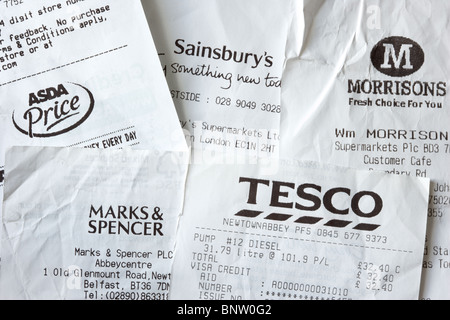 till receipts from major uk supermarkets including tesco sainsburys asda morrisons and marks and spencer Stock Photo