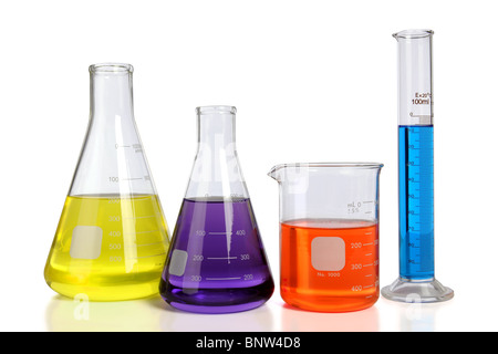 Laboratory glassware over white background with table reflections - With clipping path Stock Photo