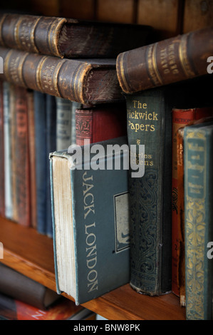 Old hardback books including Jack London's White Fang arranged haphazardly on a bookshelf UK Stock Photo