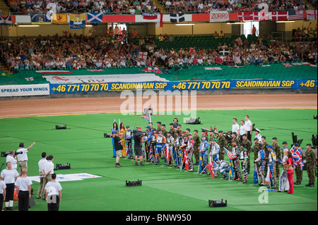 2010 British Speedway Grand Prix, held at the Millennium Stadium, Cardiff. Chris Harris (GB) greets the crowd Stock Photo