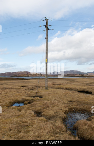 Overhead electricity power lines, Kentra Bay, Scotland Stock Photo