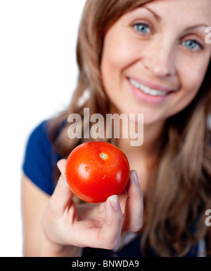 Tomato red, smiling on a white background and with angry teeth, photo ...