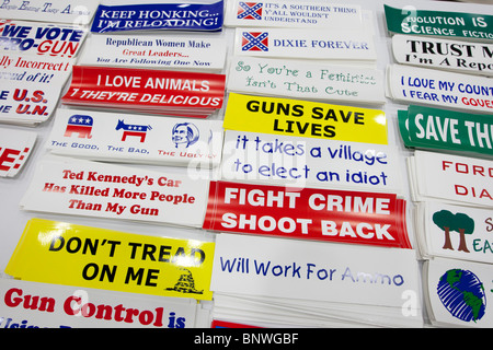 Bumper stickers showing conservative political ideas on display at the trade show at the Texas Republican Convention in Dallas. Stock Photo