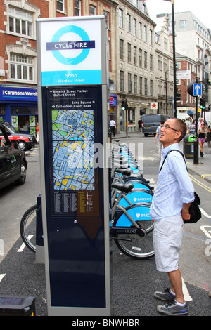 Transport for London (TFL) & Barclays cycle hire, Wardour Street, Soho, London, England, U.K. Stock Photo