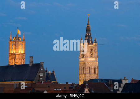 Belgium, Ghent, St Bavos Cathedral and Belfry of Ghent at dusk, Sint Baafskathedraal Stock Photo