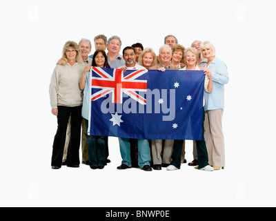 group of people holding an Australian flag