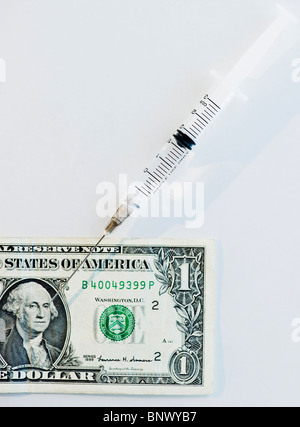 Syringe on American dollar bill Stock Photo