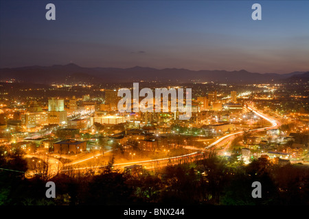 City skyline of Asheville, North Carolina, nestled in Blue Ridge Mountains