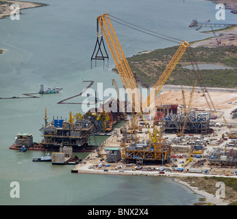 aerial view above offshore oil platform construction Gulf of Mexico Texas Stock Photo