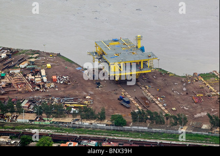 aerial view above offshore oil platform construction Gulf of Mexico Stock Photo