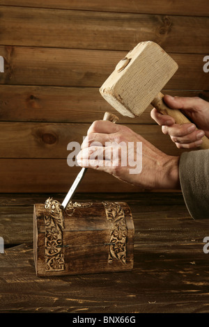 gouge wood chisel carpenter tool hand hammer craftman Stock Photo