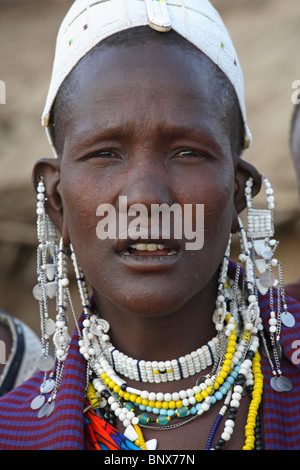 Maasai woman with necklace Jewelry around her neck , Ngogongoro conservation Area, Tanzania Stock Photo