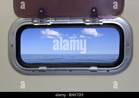 Boat porthole perfect sea view blue ocean horizon square frame Stock Photo